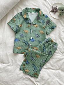 SHEIN 2pcs Boys' Dinosaur All-Over Print Collared Short Sleeve Top And Pants Pajama Set - Green - View 2