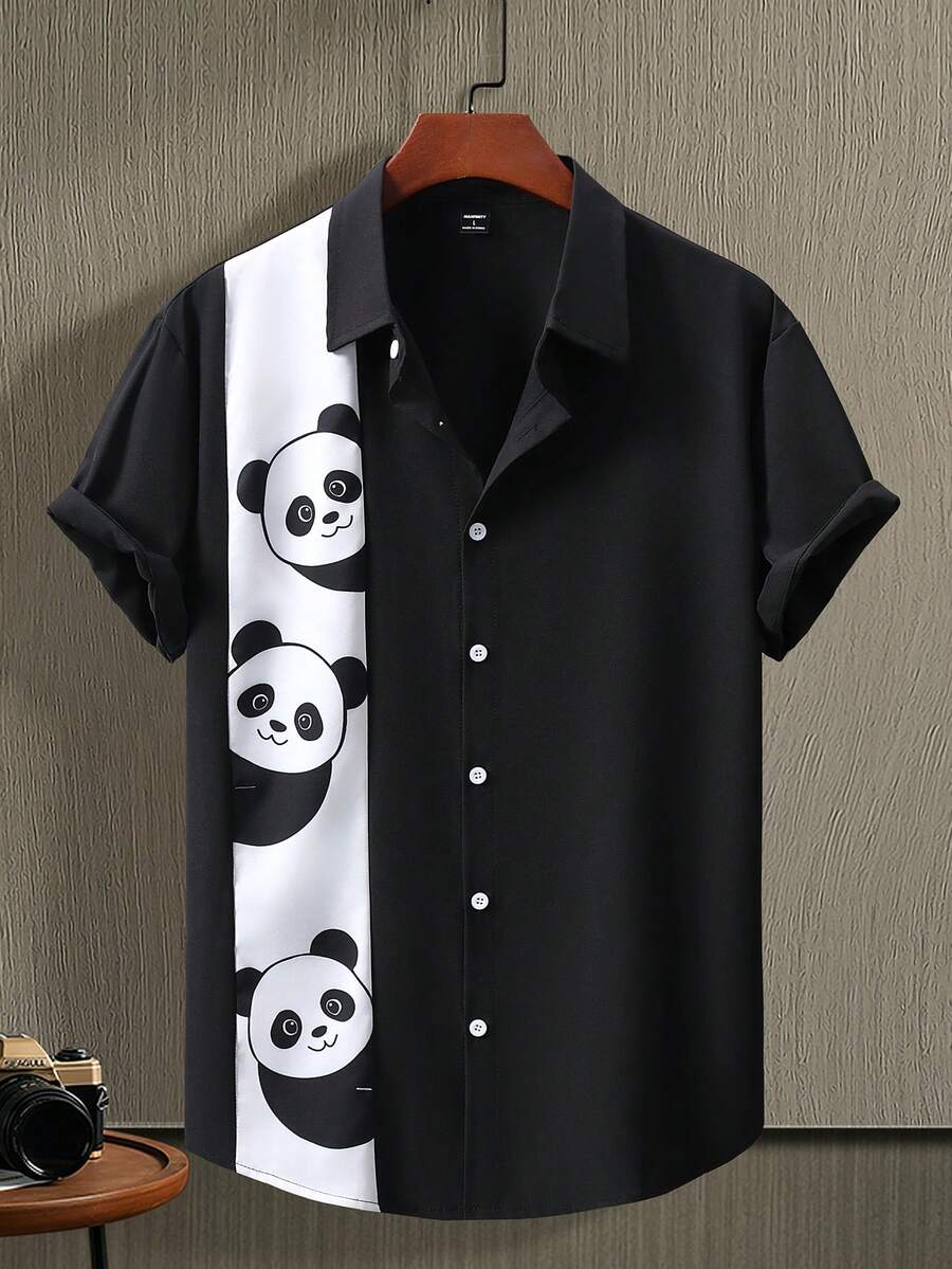 Manfinity Hypemode Men's Summer Casual Colorblock Panda Print Shirt - Black - View 1