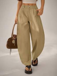 SHEIN PETITE Women's Loose Solid Color Harem Pants With Pockets, Casual Spring/Summer Style - Khaki - View 8