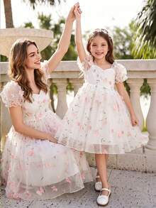 SHEIN Glamorique Kids 少女優雅迷人粉色可愛泡泡袖收腰奢華雙層刺繡網紗蓬蓬裙 - 白色 - 查看 8