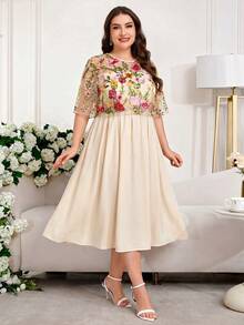 Reflora Plus Size Embroidered Sheer Patchwork A-Line Dress, Evening Gown - Apricot - View 5