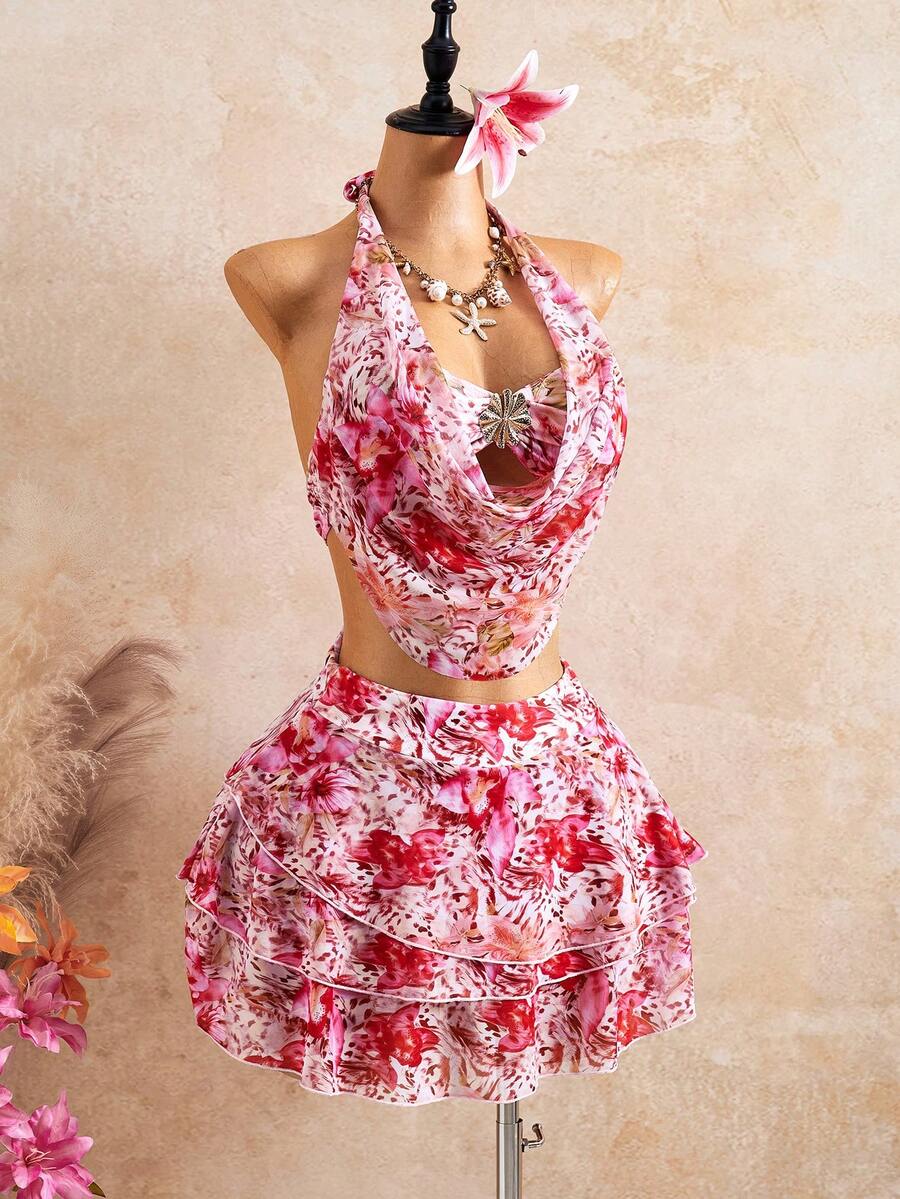 Bellisia 26SS Spring/Summer Vacation Romantic Orange Floral Matching Skirt, Cake Skirt 3 PiecesBikini Set - Multicolor - View 1
