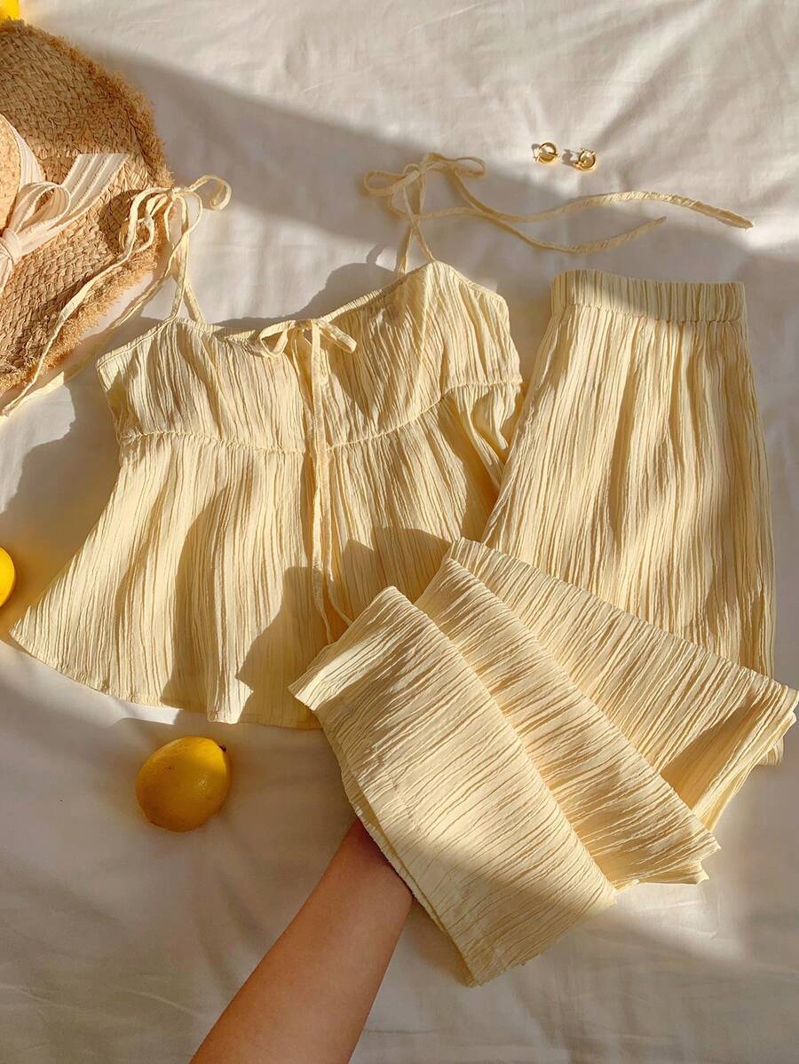 Comfortcana Apricot 女士纯色吊带荷叶边两件套休闲装,夏季 - 鵝黃色 - 查看 1