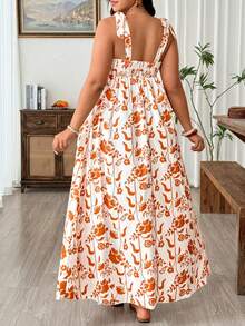 SHEIN Clasi Plus Size Women's Brown Summer Boho Tea Party Holiday Elegant Digital Printing Spaghetti Strap Tie-Up A-Line Midi Dress Vacation Daily - Burnt Orange - View 2