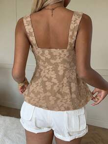 SHEIN EZwear 女士纯色心形领无袖抽绳时尚优雅荷叶边下摆背心 - 卡其色 - 查看 2