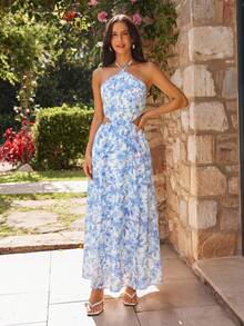 Women Midi Dresses - Blue and White 2 - View 4