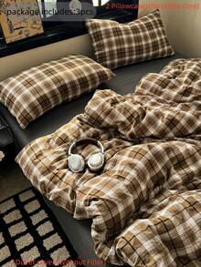 Cirelle 3pcs Brown Plaid Microfiber Duvet Cover Set, Soft Breathable Polyester Plaid Bedding Set With Zipper Closure & Pillowcases, Vintage Plaid Comforter Cover For Bedroom Decor (No Insert) - Multicolor - View 8