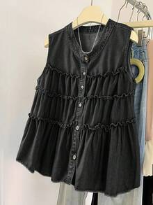 EMERY ROSE EMERY ROSE Plus Size Women Denim Sleeveless Top With Frill Trim And Single-Breasted Button Holiday Black Summer Going Out Tops - Black - View 1