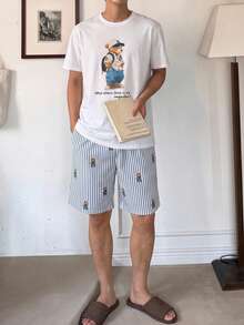DAZY 男士夏季圖案印花T恤與條紋短褲睡衣套裝 - 彩色 - 查看 3