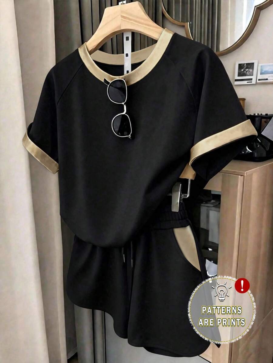 Resyla 女士夏季新款户外节日装扮,时尚百搭,黑色T恤短裤套装 - 彩色 - 查看 1