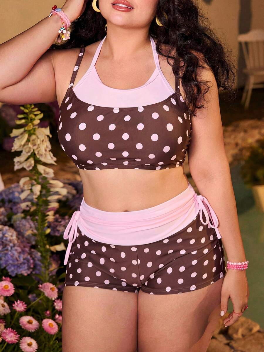Swim Mod Plus Size Women 2pcs/Set Random Polka Dot Print Contrast Color Casual Swimwear Set - Pink - View 1