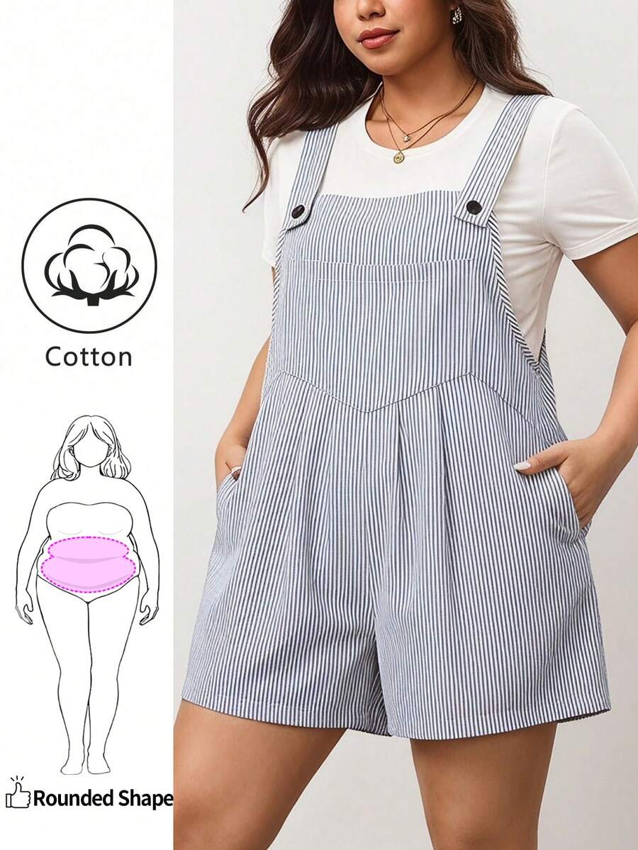 Enliva 大尺碼女款條紋口袋休閒連身褲 - 灰色 - 查看 1