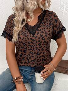 EMERY ROSE Women's Spring/Summer New Arrival Leopard Print Lace Patchwork Casual Versatile Plus Size T-Shirt - Multicolor - View 3