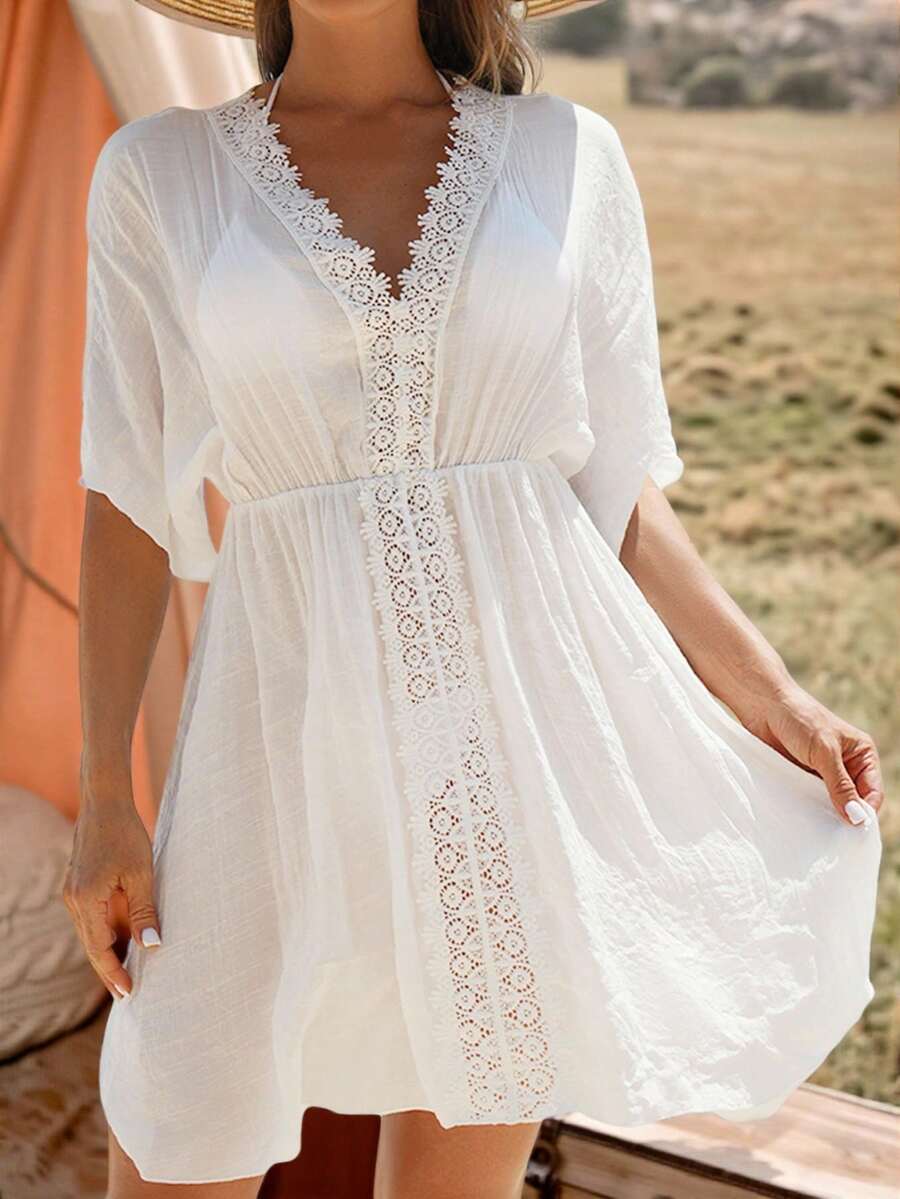 EMERY ROSE Women's V-Neck Lace Splice Solid Color Beach Cover-Up Dress Summer Vacation - White - View 1
