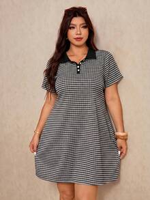 Elaquor Plus Size Women's Striped Polo Collar Short Sleeve Casual Dress - Black - View 6