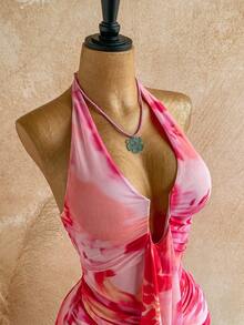 Soleia Women's Floral Print Halter Tie Sexy Mini Dress For Dates & Parties - Pink - View 3