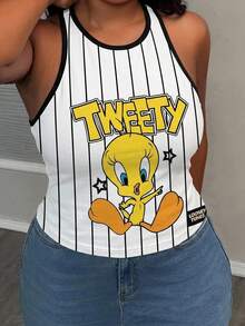 Slaydiva LOONEY TUNES X SHEIN Plus Size Casual Summer White Cartoon Print Fitted Tank Top Back-To-School Active Graduation Teacher - Multicolor - View 3