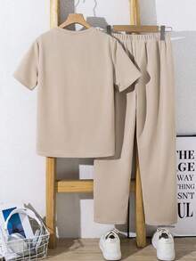 SHEIN 2 peças/Conjunto Camiseta de Manga Curta com Gola Redonda e Estampa Gráfica de Letra e Shorts Casuais Esportivos para Meninos Crianças/Pré-Adolescentes, Adequado para Ir e Vir, Escola, Uso Diário Casual, Esportes, Primavera/Verão - Caqui - Visão 7