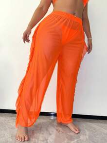 Slaydiva Plus Size Women Holiday Solid Color Side Ruffle Trim Cover Up Pants Set Beach Vacation Orange Summer - Orange - View 5