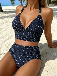 Swim Lushoire 女款夏季海灘度假波點印花掛脖式分體比基尼套裝 - 黑色 - 查看 1