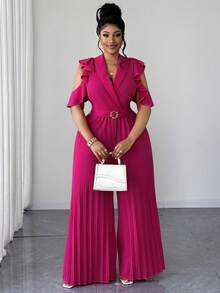 Maweii Jumpsuit Formal Elegan Musim Panas Wanita Ukuran Plus, Leher V, Bahu Terbuka, Lengan Berkerut, Celana Panjang Lebar, Romper Pesta Ninang Merah Muda Buah Naga untuk Pernikahan - Hot Pink - View 4