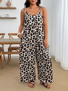 Enliva Plus Size leopardmönstrad lös jumpsuit - semester vintage bohemisk casual stil - Brun - Visa 6