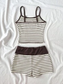 SHEIN Bộ đồ 2 mảnh mùa hè cho bé gái tuổi teen, áo tank top sọc nâu đa màu và quần short, phong cách casual thoải mái tối giản - màu nâu - Xem 2