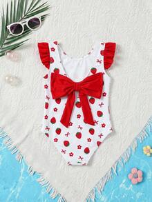 SHEIN Young Girl Colorblock Floral Ruffle Bow Cute Vacation Style One-Piece Swimsuit, Suitable For Holiday, Beach, Pool - Pink - View 6