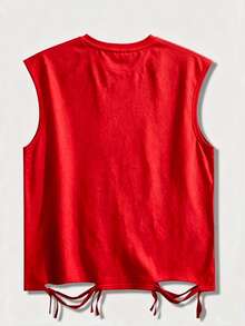 ROMWE MEN Street Life Punk Style Street Graphic Print Sleeveless Crew Neck Top With Rhinestone Distressed Design For Men, Summer - Red - View 2