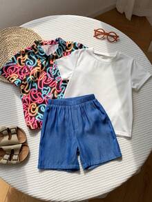 SHEIN 3pcs/Set Kids Young Boy Cute Summer Versatile 3-Piece Set Plaid Short Sleeve Shirt, Patterned White T-Shirt, Blue Shorts, Suitable For Daily Wear, Sports, Outings, Vacations, School, Parties, Holidays, Performances, Photos - Multicolor - View 5