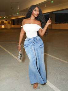 Slaydiva Quần jeans nữ màu trơn dáng ôm quấn bất đối xứng phong cách thường ngày - Màu xanh lam - Xem 3