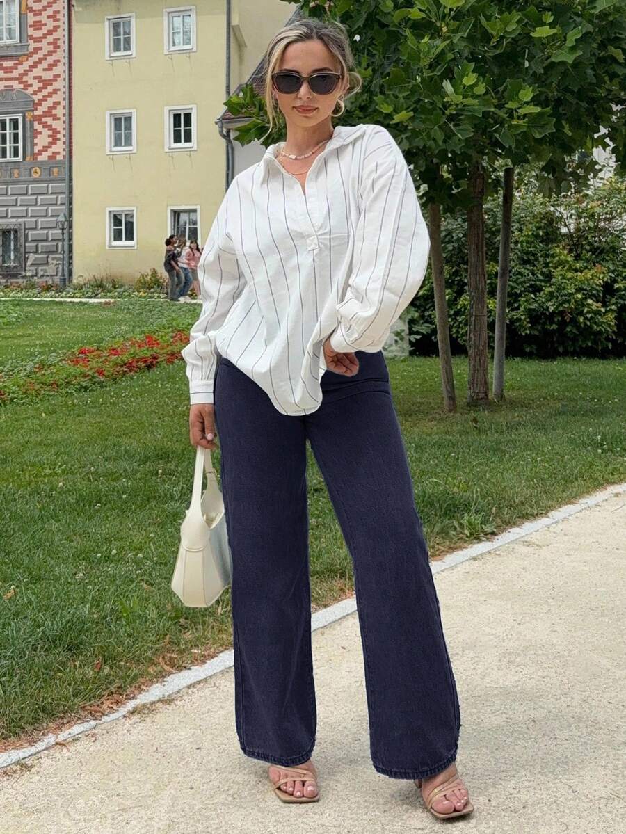 Jeta Ari Jeans de pierna ancha versátiles y casuales con bolsillo inclinado de unicolor - Azul Marino - Ver 1