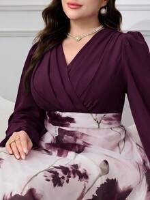 Modelyn 大尺碼女款 2026 春/秋新款優雅度假風燈籠袖拼接花卉下擺收腰洋裝 - 紫色 - 查看 7