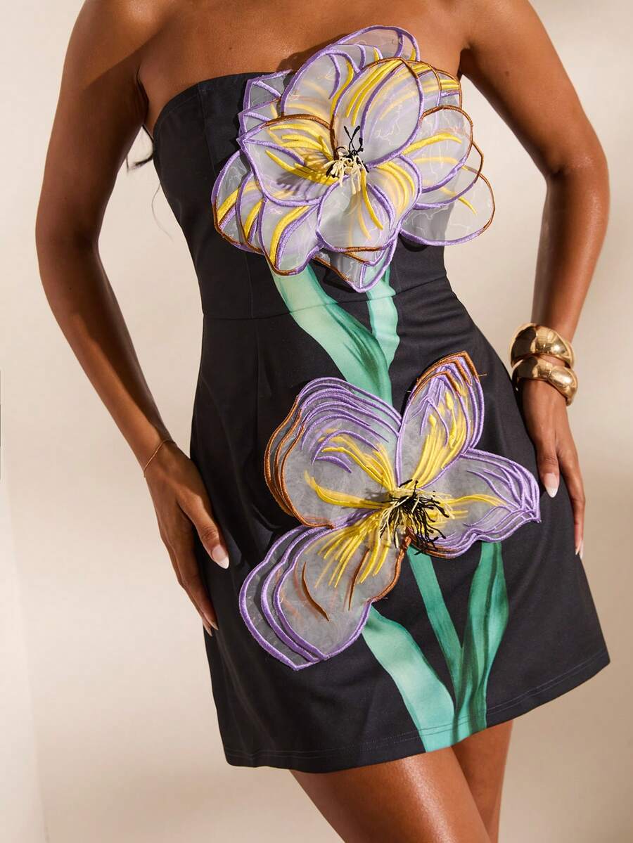 Opulessa Women's 3D Floral Decor Fashion Bandeau Mini Dress - Black - View 1