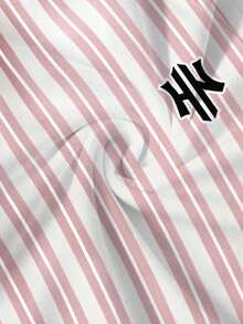 Manfinity Hypemode Conjunto casual desportivo de t-shirt de manga curta e calções com gola de cor contrastante, riscas degradê rosa e branco, estampado de letra simples, streetwear de verão unissexo, férias - Multicolorido - Ver 4