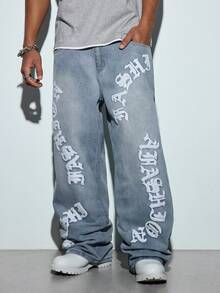 Modcrash Men Loose Wide Leg Jeans, American Street Style Towel Embroidery Casual Denim Pants For All Season Fall/Autumn/Winter - Blue - View 7
