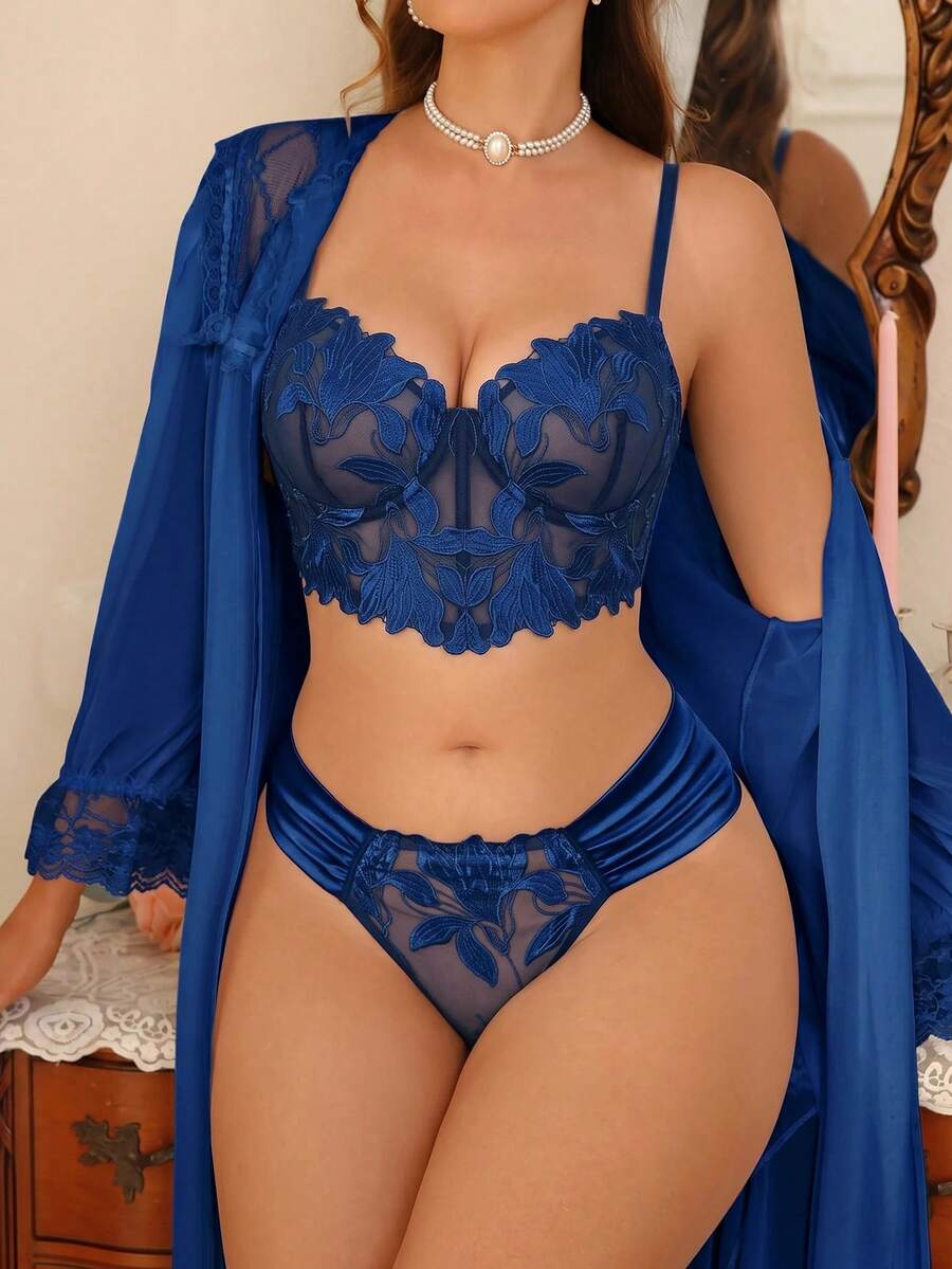Crystal Vow 2pcs Bridal Lingerie Set: Silver-White Lace Satin Fabric + Floral Lace Embroidery Bustier Bra With Underwire Support + Low-Waist Ruched Panty - Blue - View 1