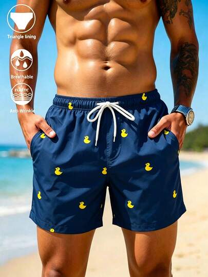 Solantero Pantaloncini da spiaggia estivi da uomo con stampa di anatre cartoni animati, con vita con coulisse, costumi da bagno, abbigliamento da spiaggia, pantaloncini da bagno, costume da bagno, pantaloncini da spiaggia, vacanza