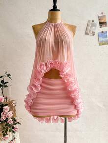 Soleia Women's Elegant Ruffle Backless Halter Top And Mini Skirt Set, Summer - Dusty Pink - View 6
