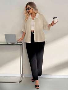 Auralis Plus Size Summer Casual Solid Color Batwing Sleeve Shirt - Apricot - View 4