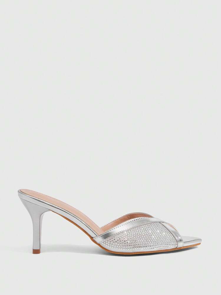 CUCCOO SZL Women's Fashion, Women's High-Heeled Sandals, Light Silver, Rhinestones, Mesh Material, Pointed, Commuting, Comfort, Indoor, Office, Street, Party, Travel, Vacation, Spring And Summer, Suitable For Dresses, Jeans, Shorts, Stiletto Slippers