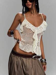 LYSMO Top de camisola de punto de uso diario versátil y casual con volantes y diseño calado de unicolor para mujer - Beis - Ver 6