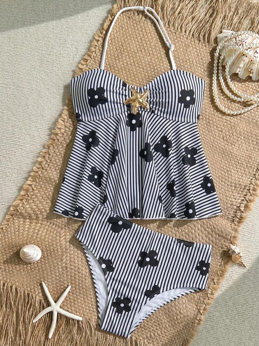 SHEIN Tween Girl Striped Floral Print Halter Tankini And Triangle Tankini Swimwear Set, Suitable For Summer Vacation And Beach - Black and White - View 1