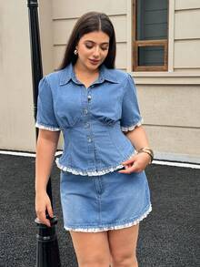 Rivivi Blus Denim Kasual Lengan Pendek Berkancing Tunggal dengan Hiasan Ruffle untuk Wanita Ukuran Plus Musim Semi/Panas - Medium Wash - View 4
