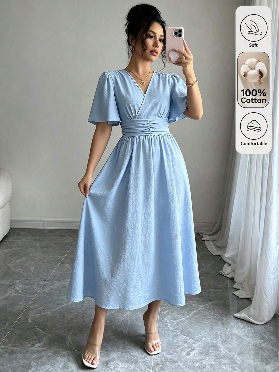 SHEIN Elenzya Women's Solid Color Cotton-Feel Overlap V-Neck Ruffle Short Sleeve Elegant Midi Dress - Baby Blue - View 1