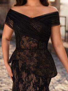 Aureia Plus Size Elegant Luxurious Black Sequin Lace Patchwork Mesh Off Shoulder Mermaid Hem Patchwork Triangular Mesh Dress, Suitable For Evening Party, Gala, Date, Vacation, Wedding, Music Festival, Formal Occasion (Intricate Design) - Black - View 8