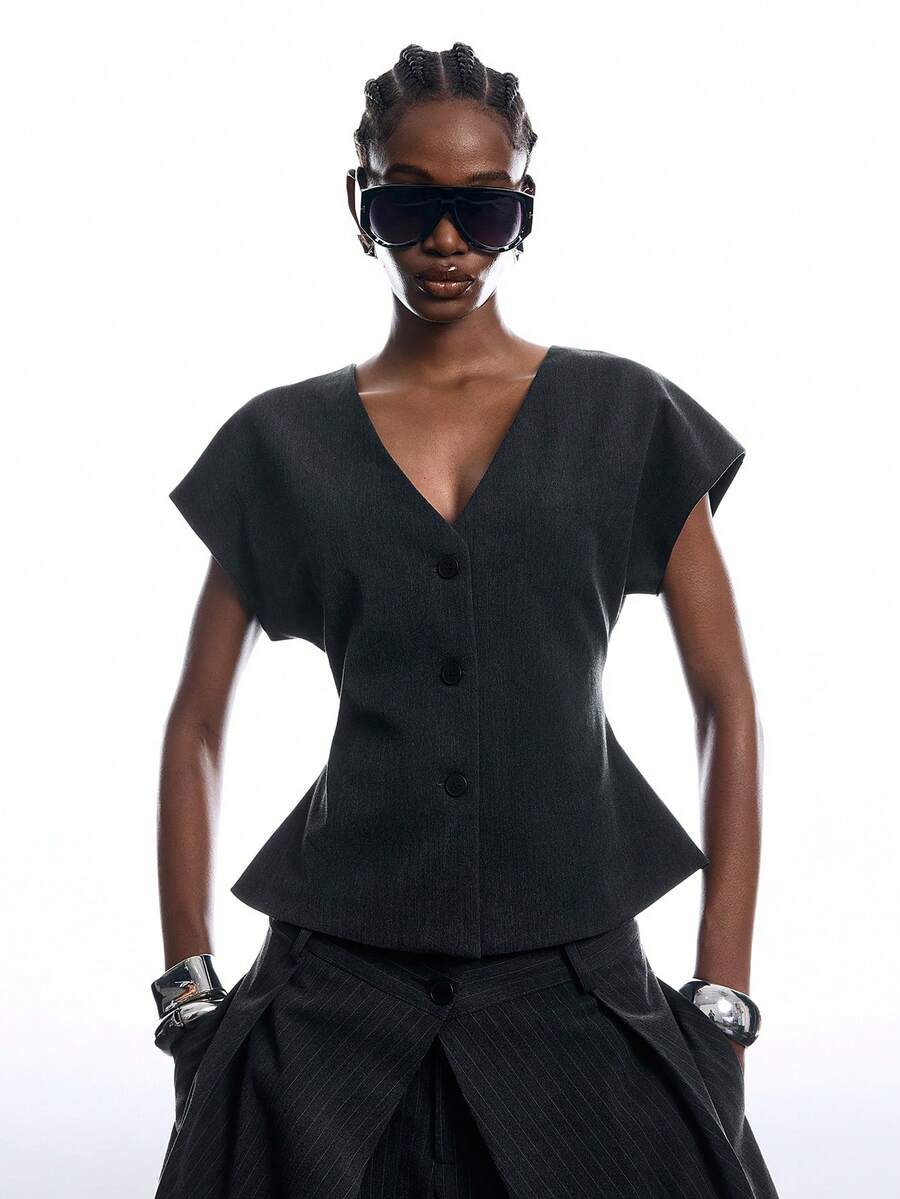LYSMO 2026 New Arrive Minimalism Summer Women's Casual Commuter Solid Color Button Vest - Dark Grey - View 1