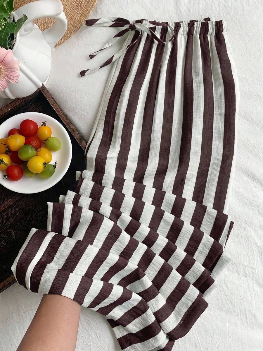 SHEIN EZwear Women Brown Striped Pants - Chocolate Brown - View 1