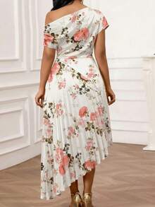 SHEIN Lady Women's Elegant Party Garden Party Floral Print Asymmetric Neckline Pleated Hem Midi Dress White And Pink Summer - Multicolor - View 2