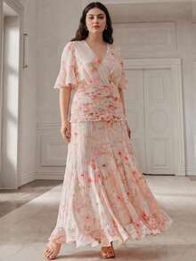 Anewsta Vestido largo elegante de mujer de talla grande con cintura ajustada, de chifón con estampado floral romántico de jacquard, para vacaciones de primavera/verano - Multicolor - Ver 7